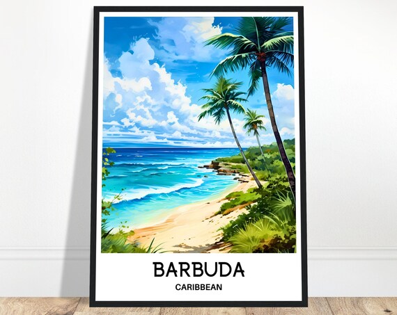 Barbuda Caribbean Palm Fringed Beach Turquoise Ocean Waves Poster