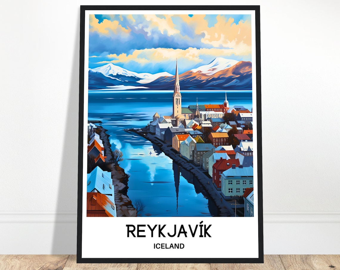 Reykjavik Iceland Travel Poster With City Harbor And Snowy Peaks
