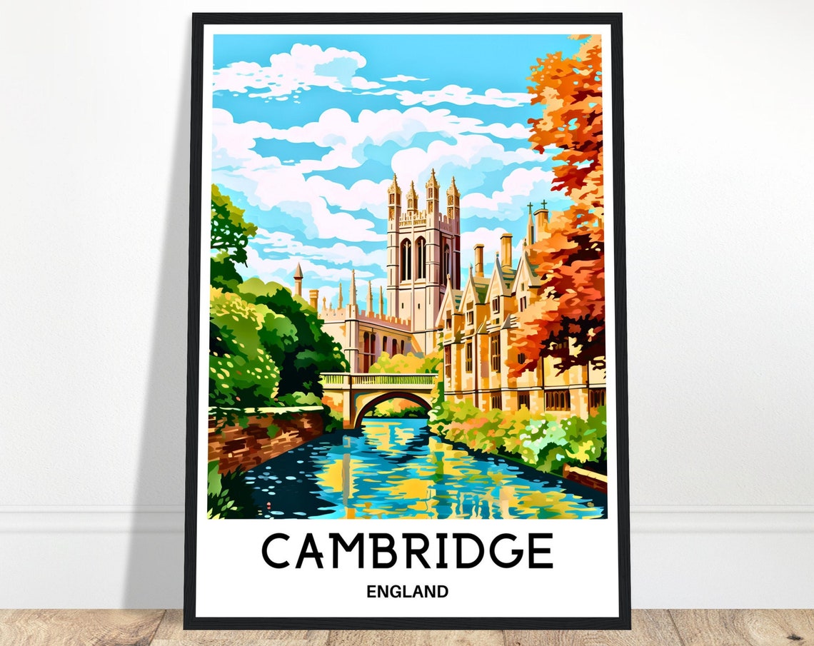 Cambridge England College Tower Bridge River Cam Autumn Poster