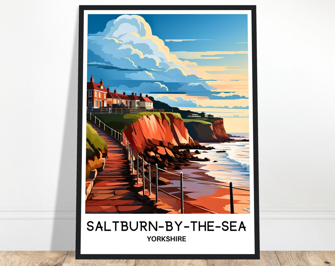 Saltburn By The Sea Yorkshire Red Cliffs Beach Steps Sunset Poster
