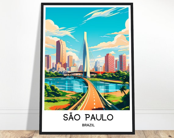 São Paulo Brazil Modern Cable Bridge City Skyline Travel Poster