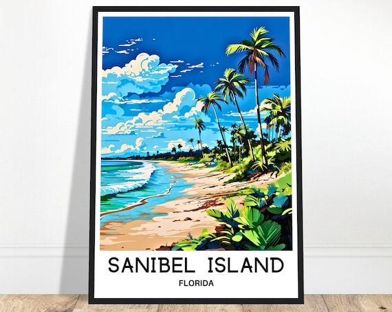 Sanibel Island Florida Beach Travel Poster Palm Tree Coastal Illustration