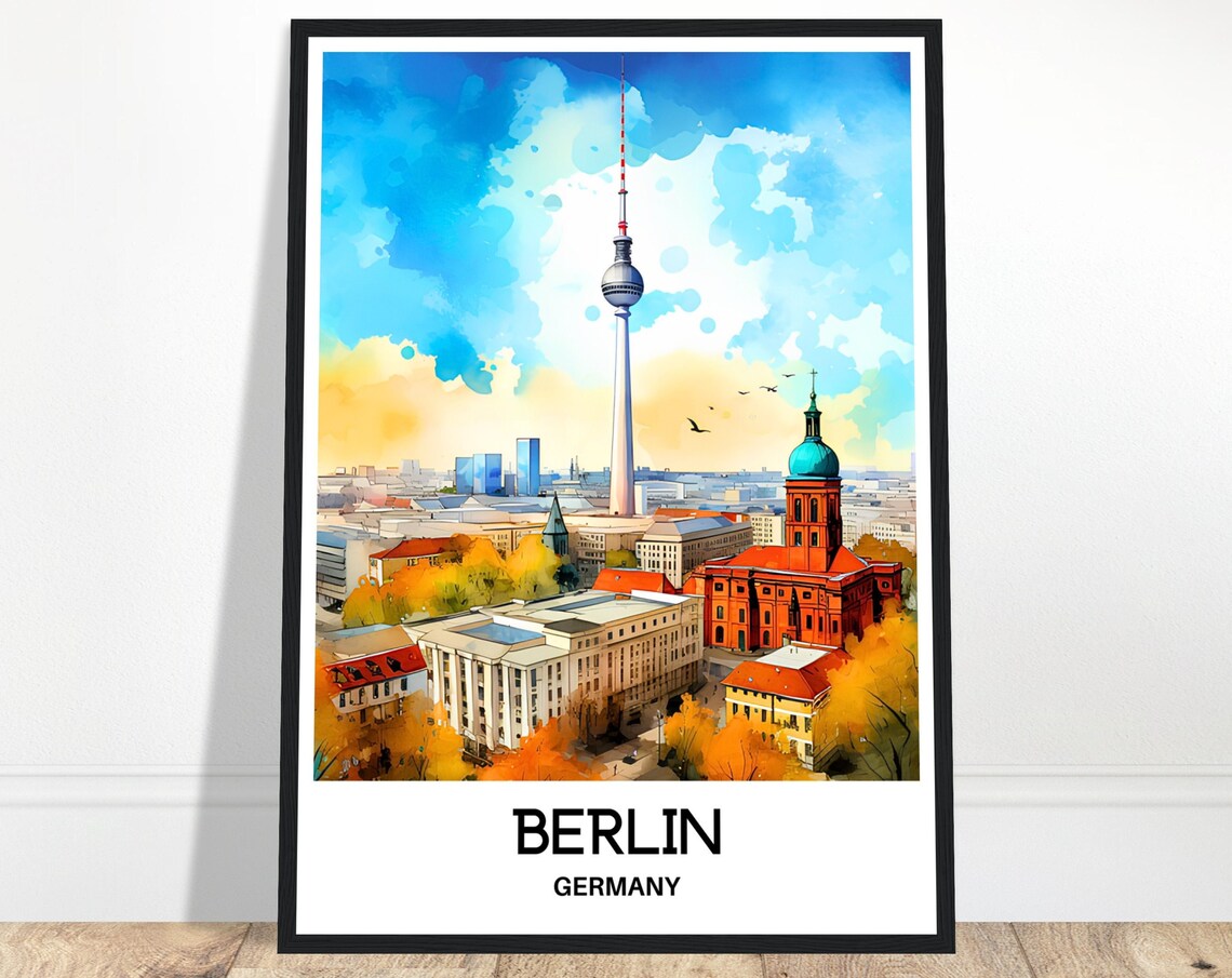 Berlin Germany TV Tower Red Brick Watercolor Skyline Travel Poster