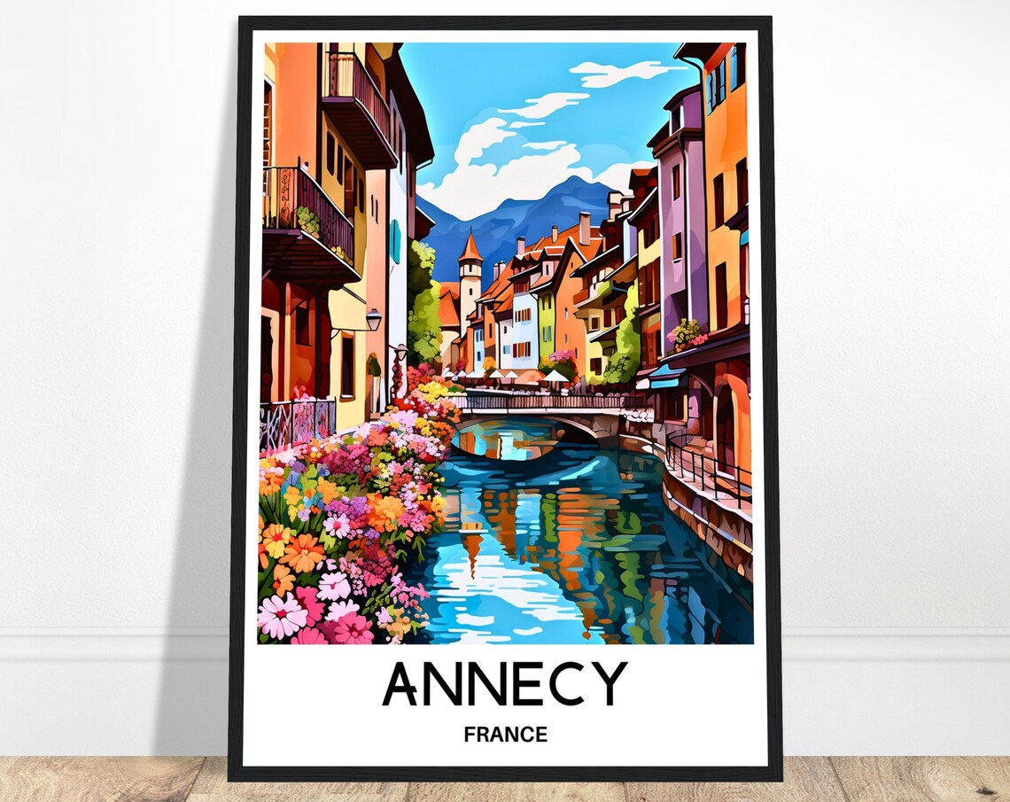 Annecy France Blooming Flower Canal Picturesque Old Town Travel Poster