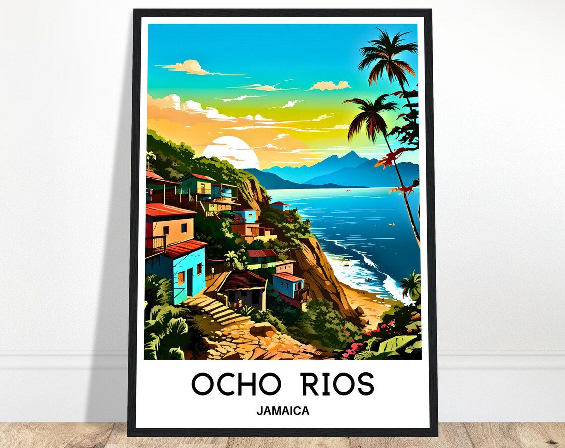 Ocho Rios Jamaica Sunset Coastal Hillside Village Scene Travel Poster
