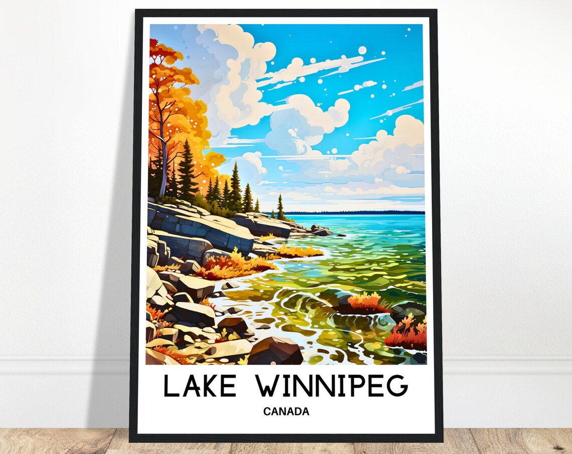 Lake Winnipeg Canada Autumn Shoreline Pines and Rocks Poster