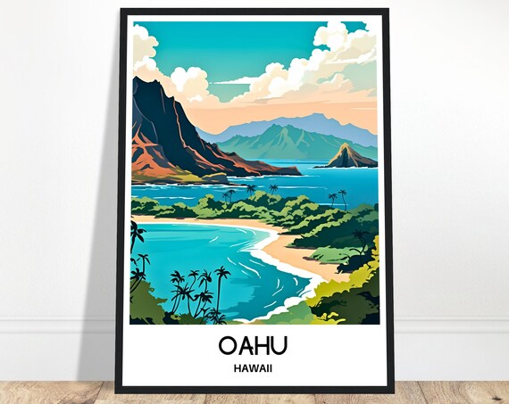 Oahu Travel Print Poster Art Hawaii Lover Gift Wall Hanging Island Illustration Home Office Decor