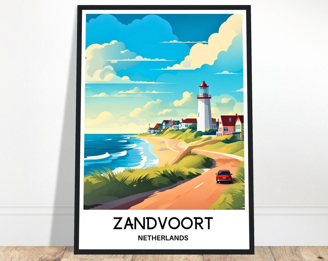 Zandvoort Netherlands Lighthouse Beach Town Retro Travel Poster