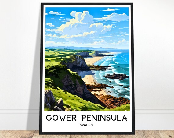 Gower Peninsula Travel Print Poster Welsh Art Wales Lover Gift Wall Hanging Illustration Home Office Decor