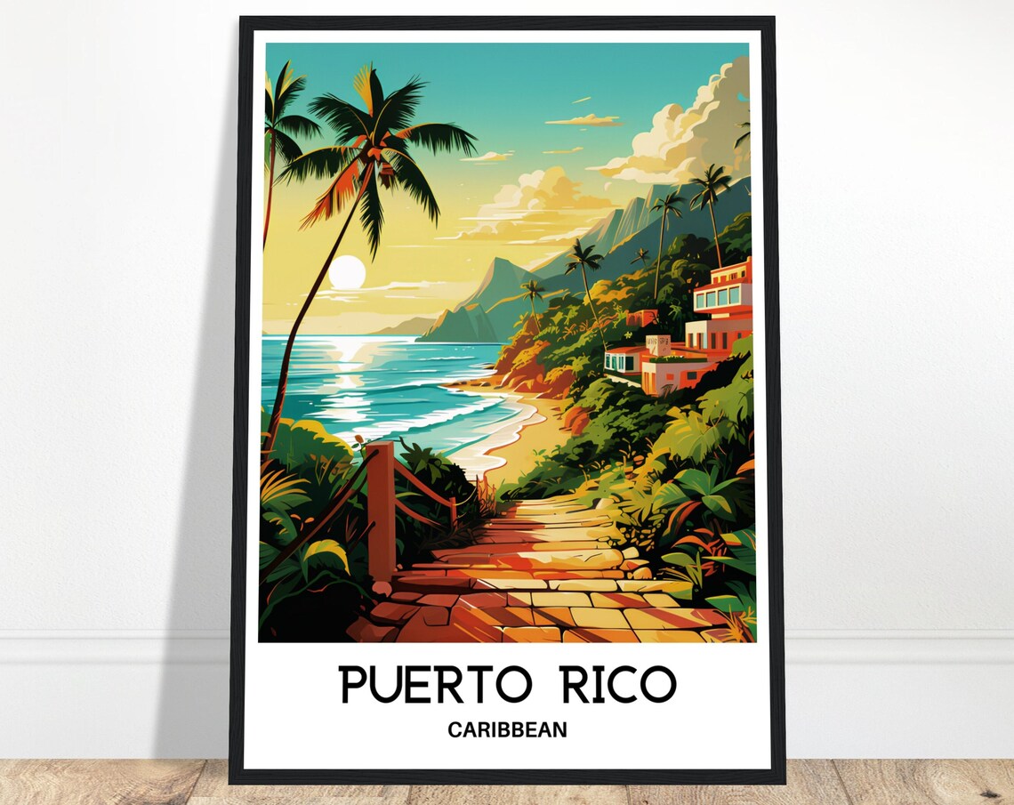 Puerto Rico Caribbean Tropical Golden Beach Sunset Travel Poster