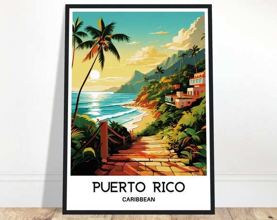 Puerto Rico Caribbean Tropical Golden Beach Sunset Travel Poster