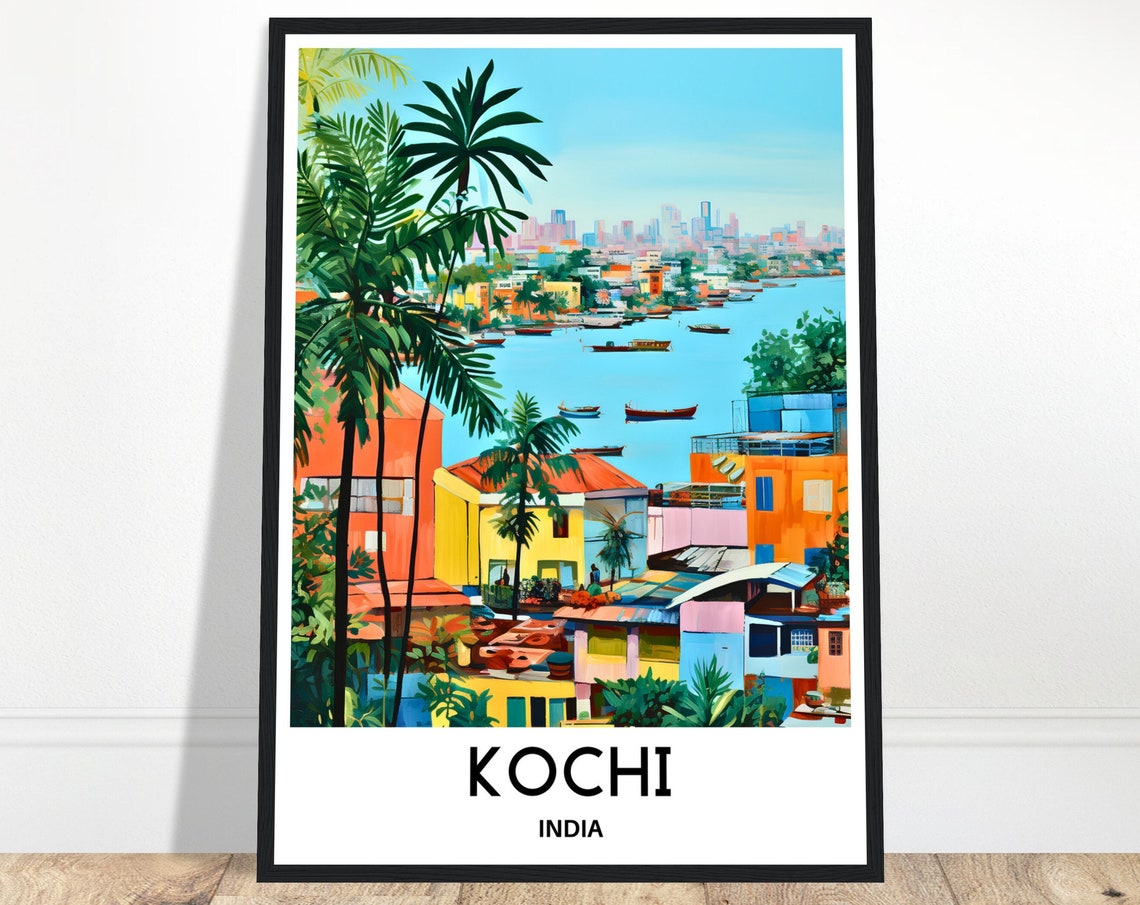 Kochi Waterfront Colorful Harbor and Palms Illustration Poster