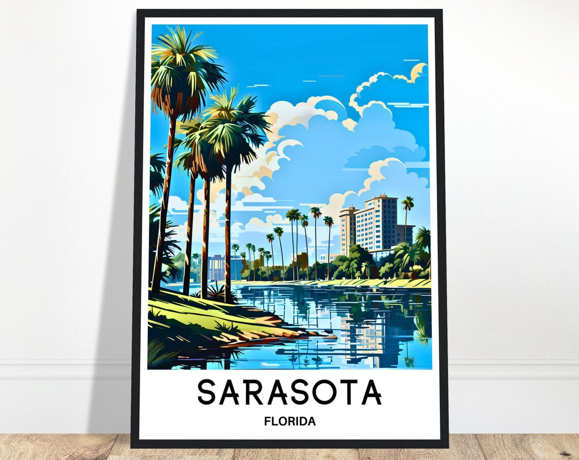 Bright Sarasota Florida Palm Trees Bayfront Retro Travel Poster Artwork