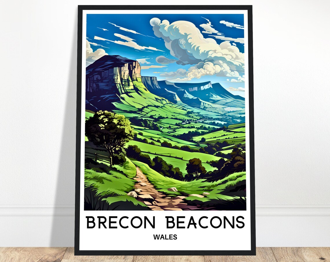 Brecon Beacons Wales Green Mountain Valley Vintage Travel Poster