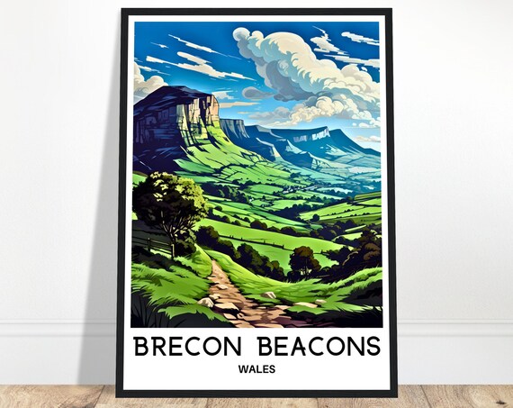 Brecon Beacons Travel Print Poster Welsh Art Wales Lover Gift Wall Hanging Mountain Illustration