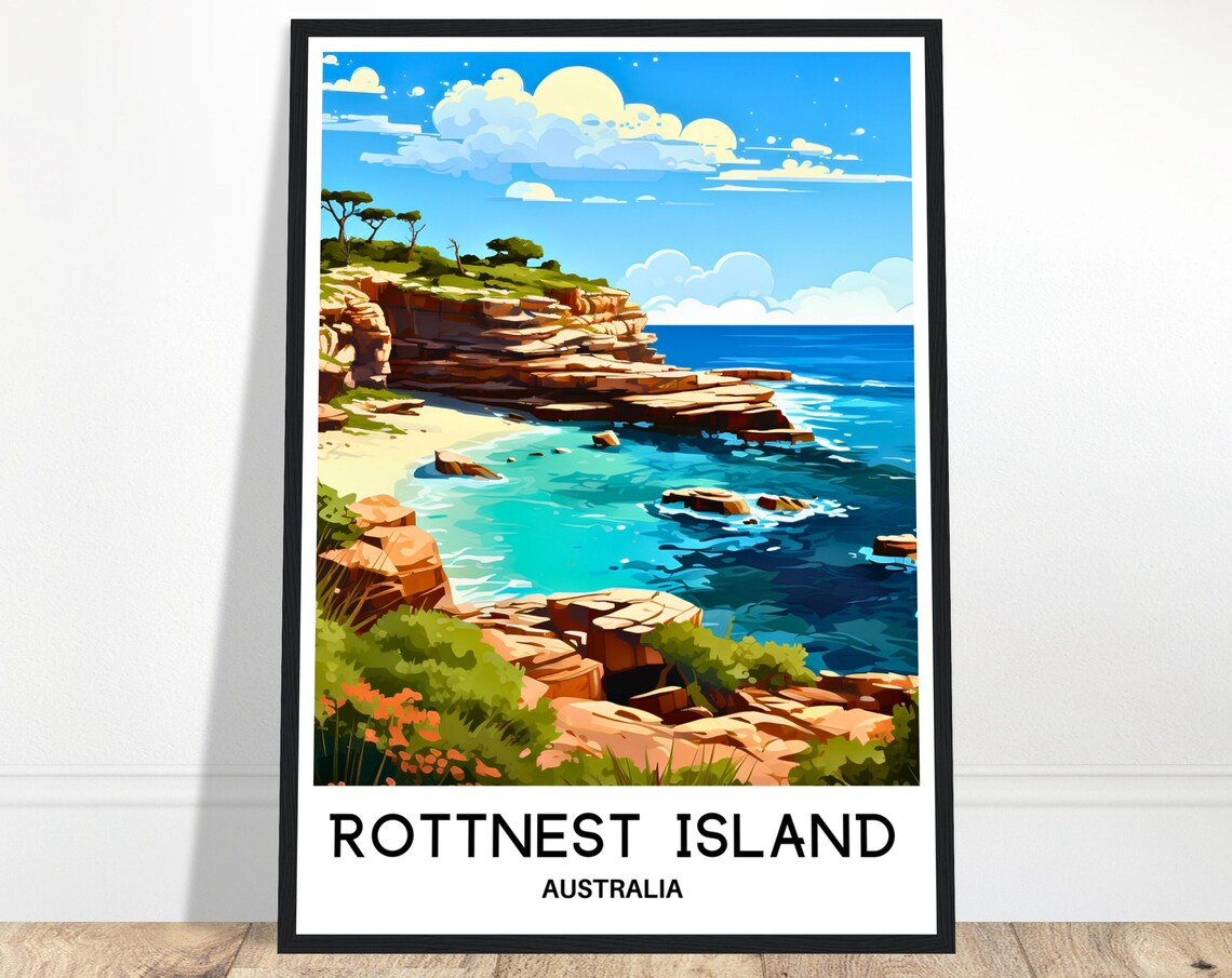 Rottnest Island Australia Travel Poster With Rocky Cliffs Cove