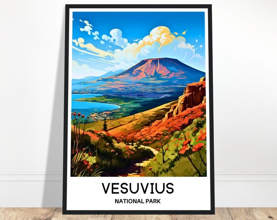 Vesuvius National Park Travel Print Poster Italian Art Italy Lover Gift Wall Hanging Illustration Home Office Desk Decor