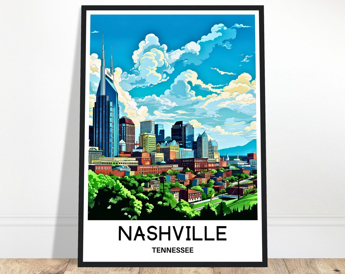 Nashville Tennessee Daytime Skyline Retro Travel Illustration Poster