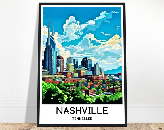 Nashville Travel Print Poster Art Tennessee Lover Gift Wall Hanging Home Office Desk Decor Illustration