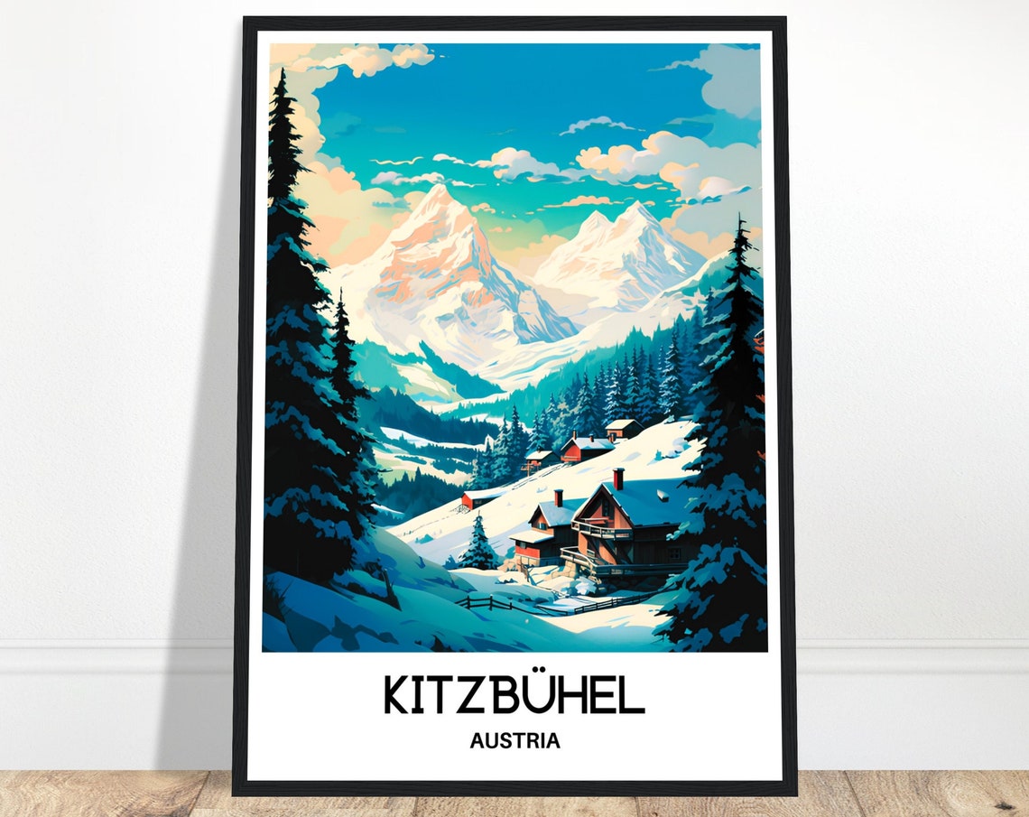 Kitzbuhel Austria Snowy Alpine Village Chalets Winter Travel Poster