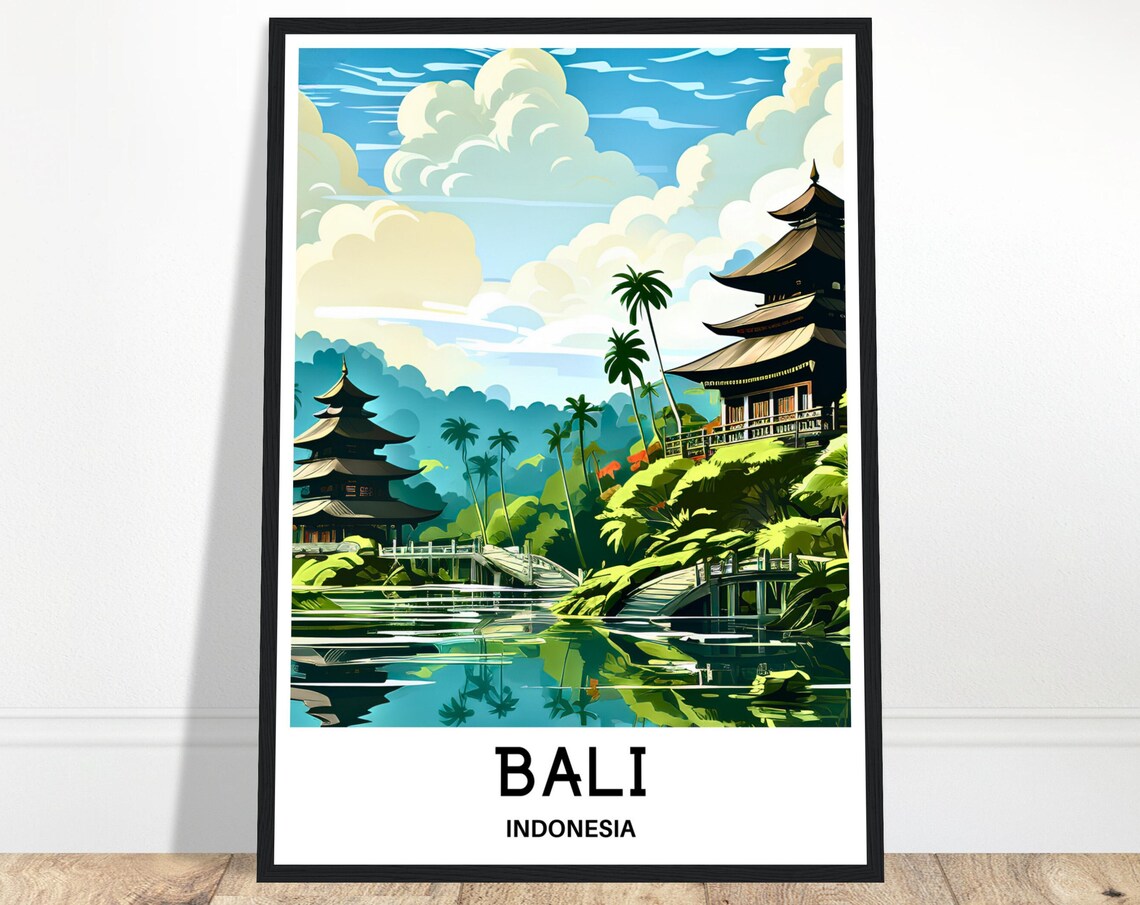 Bali Temples By The Lake Water Indonesia Tropical Travel Poster
