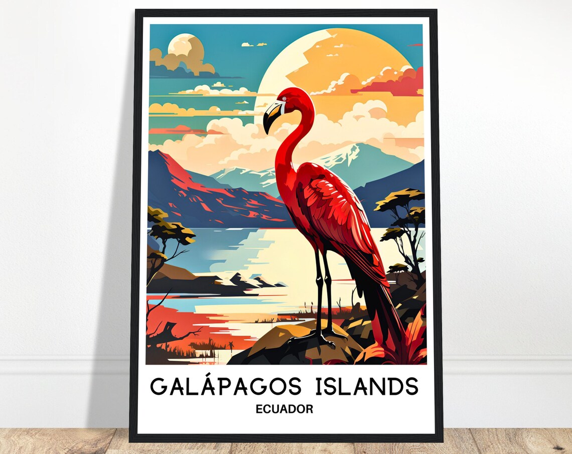 Galapagos Islands Ecuador Flamingo Sunset Lagoon Travel Poster