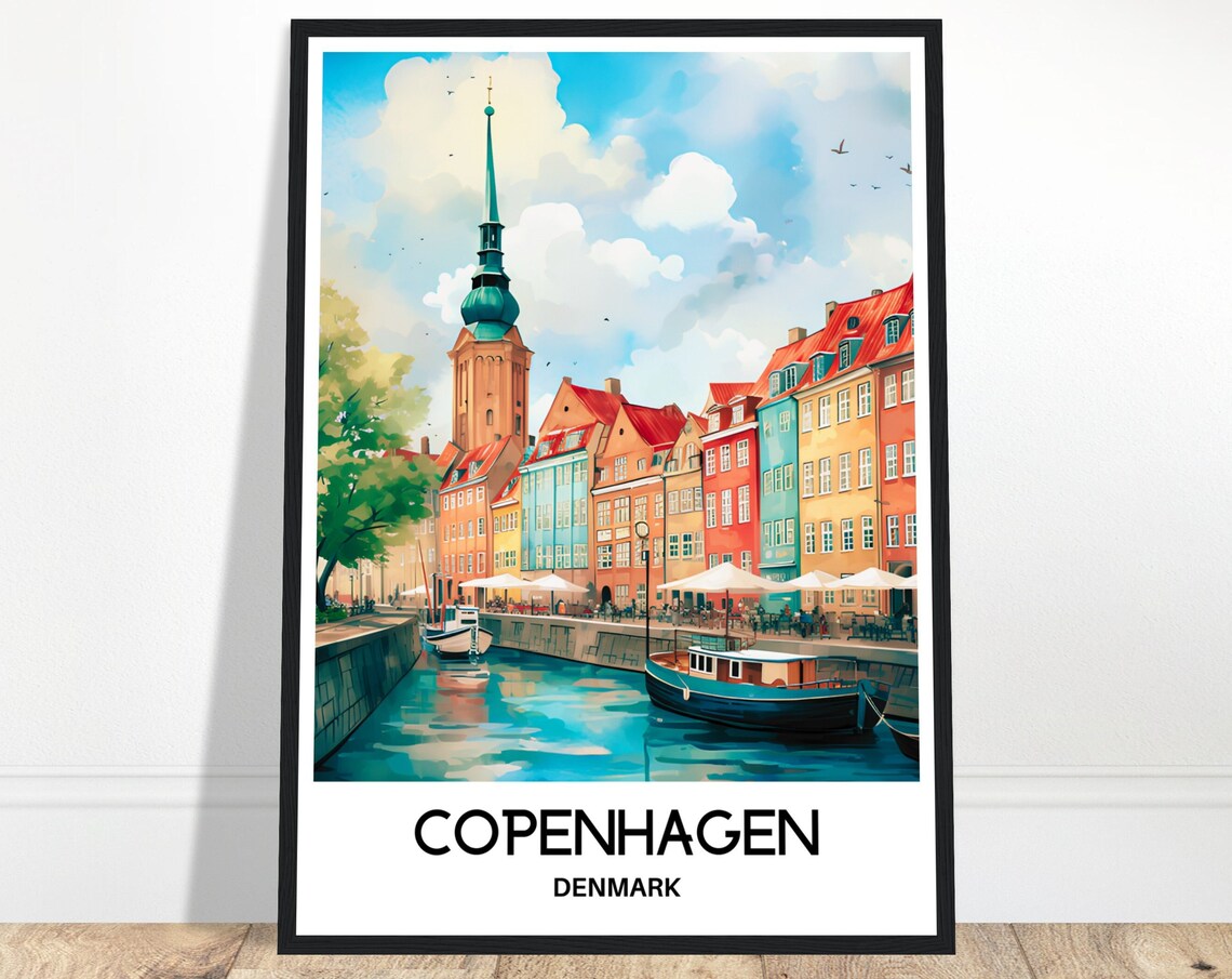 Copenhagen Denmark Nyhavn Harbor Cheerful Watercolor Travel Poster