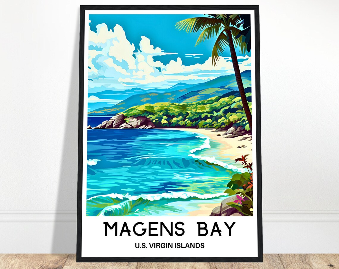 Magens Bay Palm Framed Turquoise Shore US Virgin Islands Travel Poster