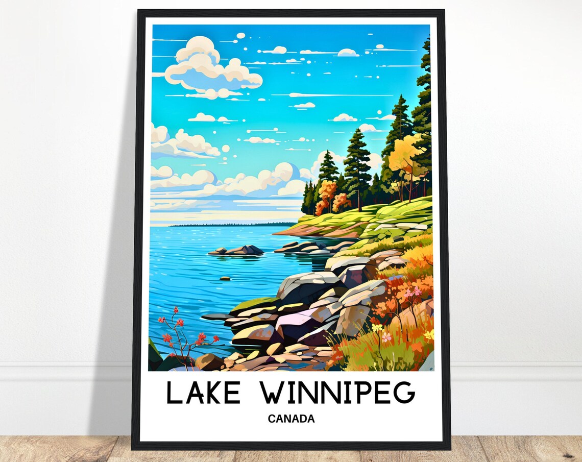 Lake Winnipeg Canada Scenic Rocky Lakeshore Pines Autumn Travel Poster