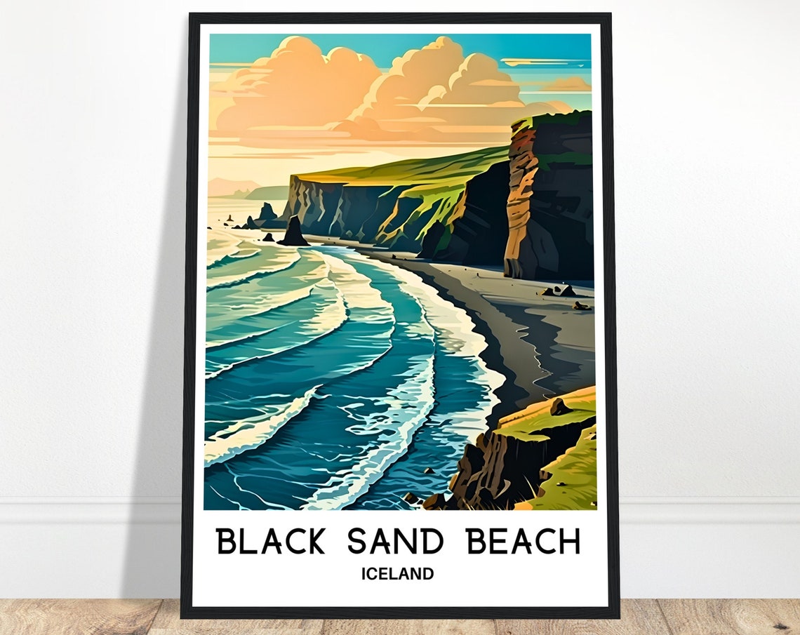 Black Sand Beach Iceland Turquoise Waves and Cliffs Travel Poster