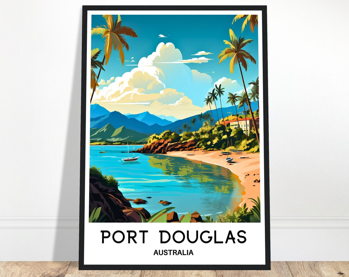 Port Douglas Australia Sandy Beach Palm Bay Retro Travel Poster