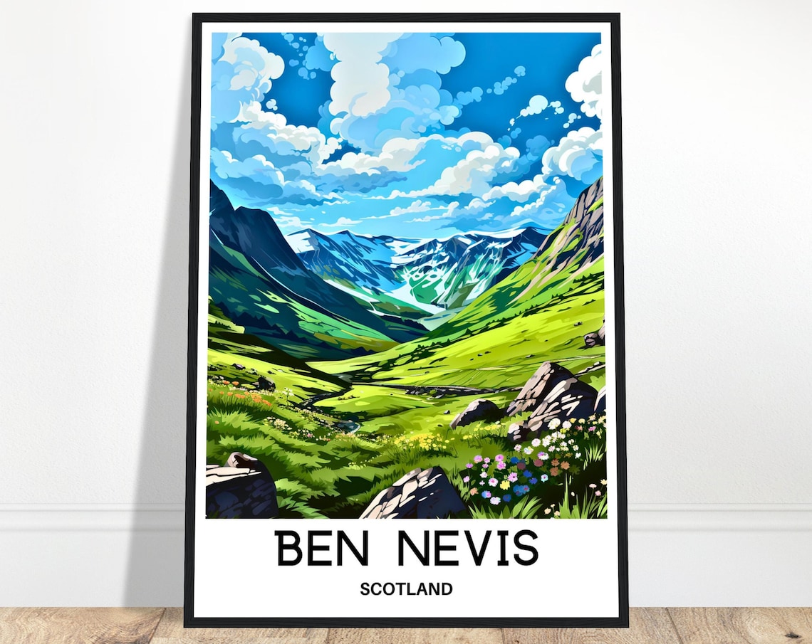 Ben Nevis Scotland Mountain Valley Wildflowers Green Travel Poster