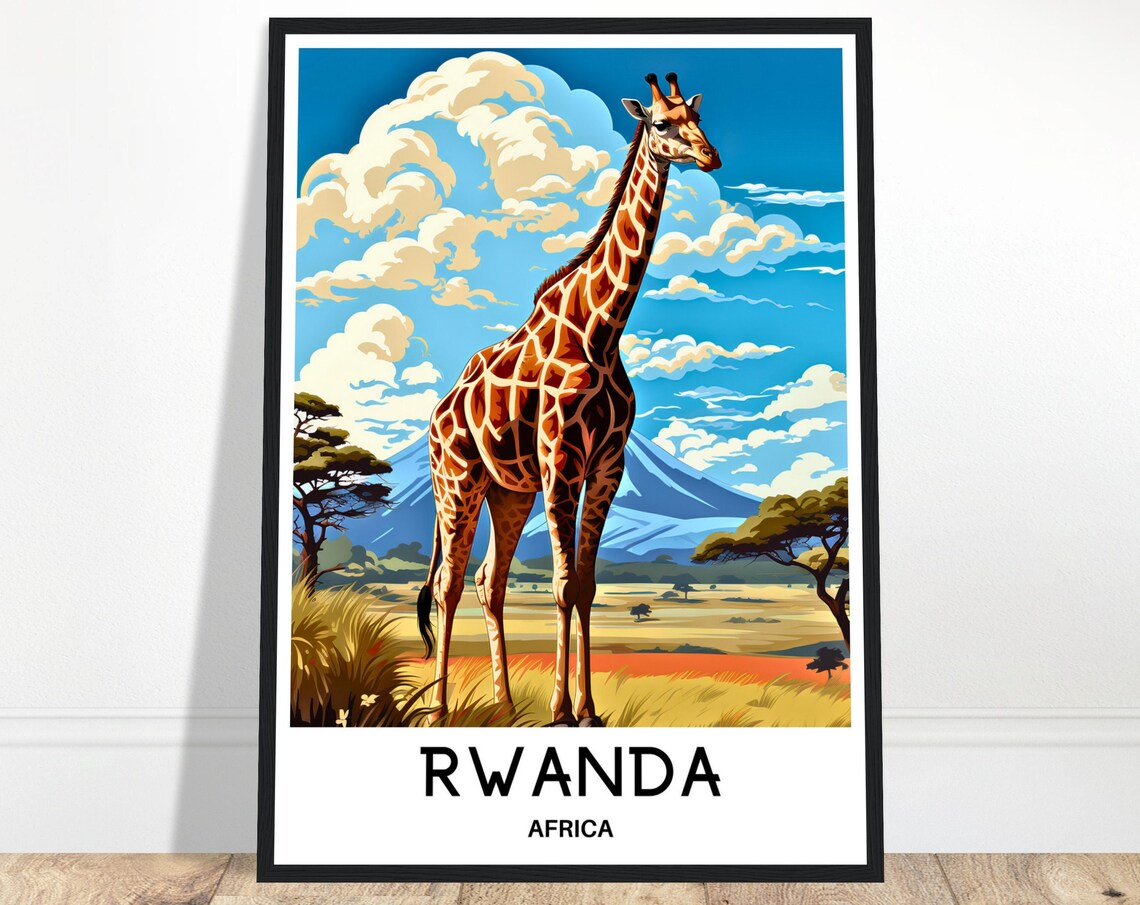 Rwanda Tall Giraffe Golden Savanna Volcano Africa Travel Poster