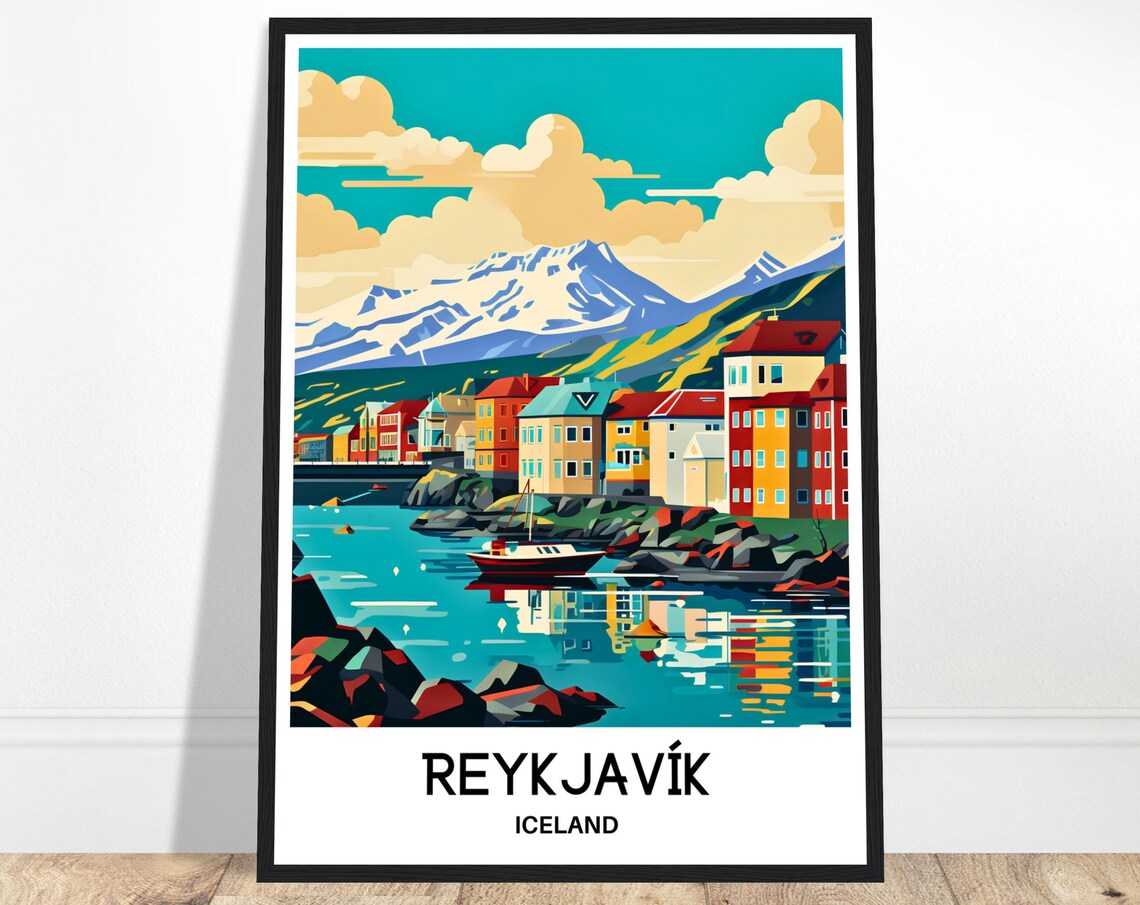 Reykjavik Iceland Colorful Harbour Boats Mountain View Poster