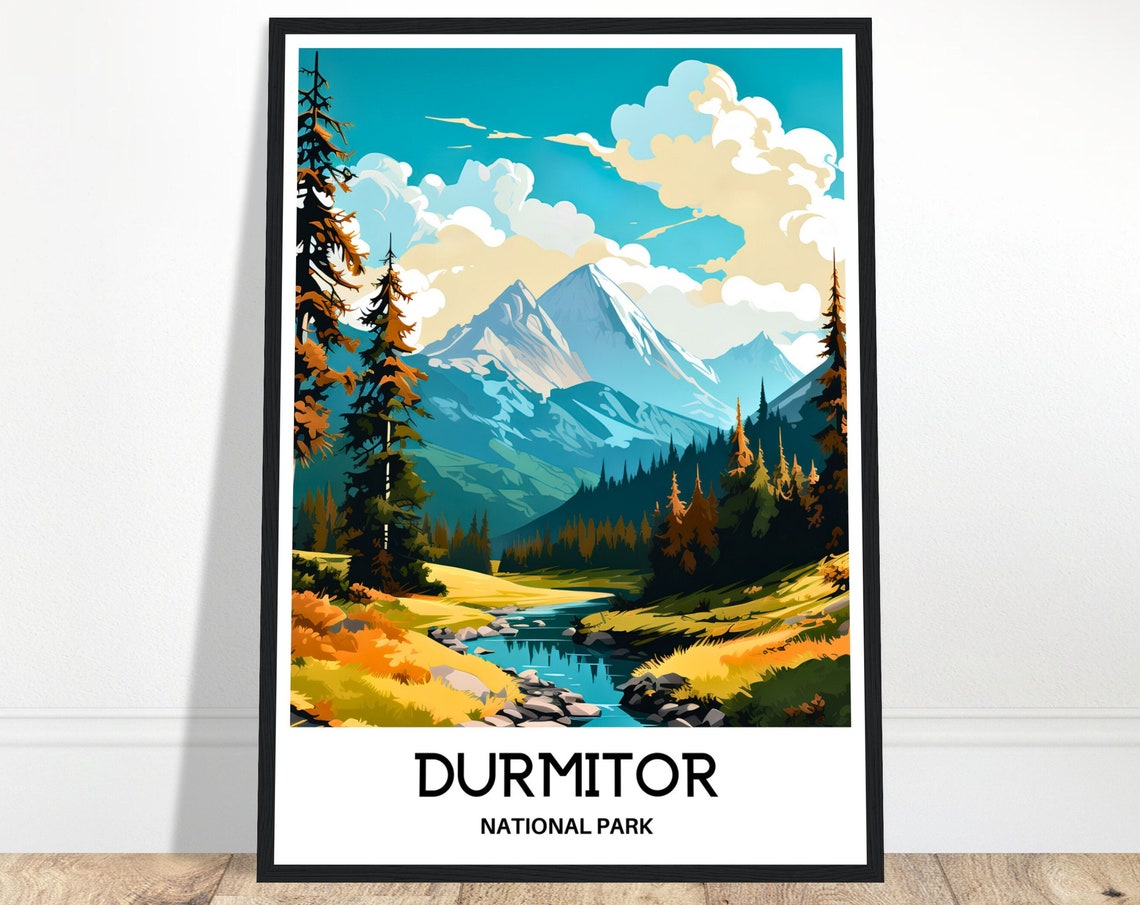 Durmitor National Park Snowy Mountain River Retro Travel Poster