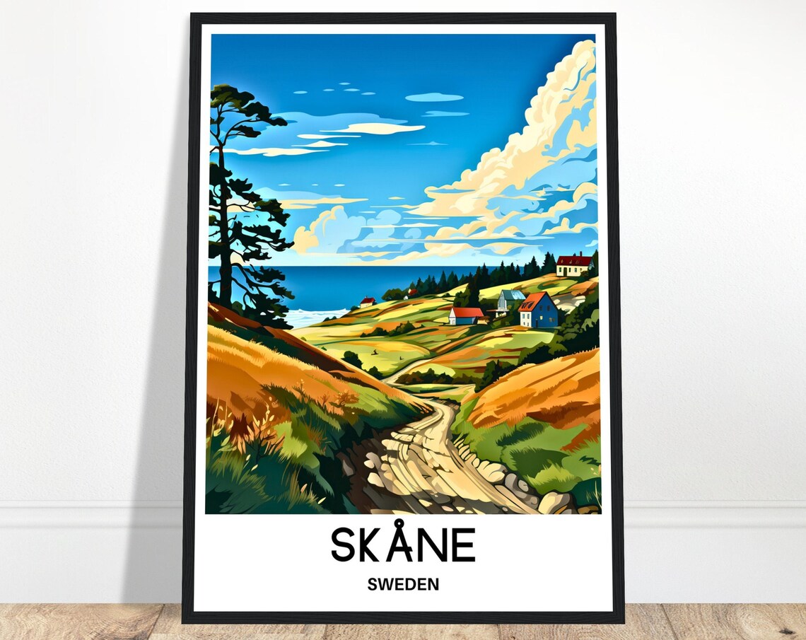 Skane Sweden Rolling Hills Countryside Sunny Coastline Travel Poster