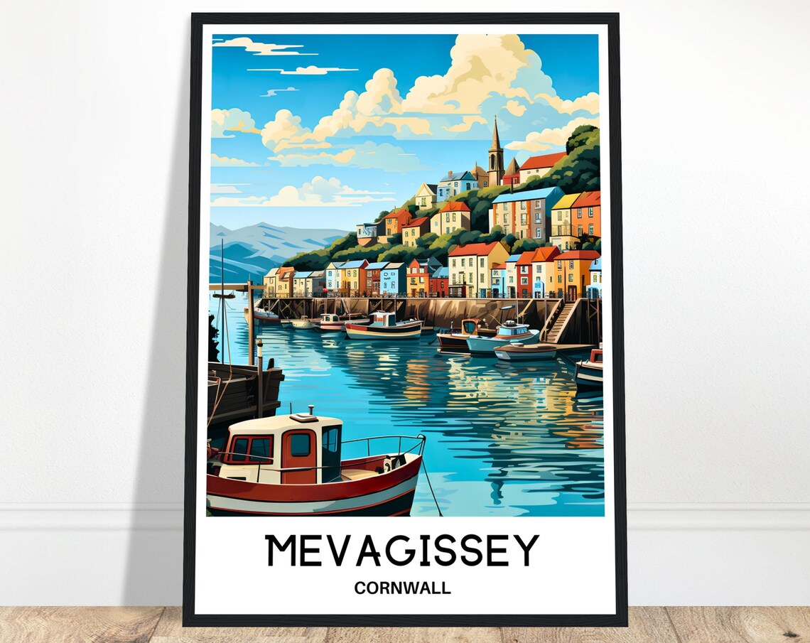 Mevagissey Cornwall Colorful Fishing Harbour Village Travel Poster