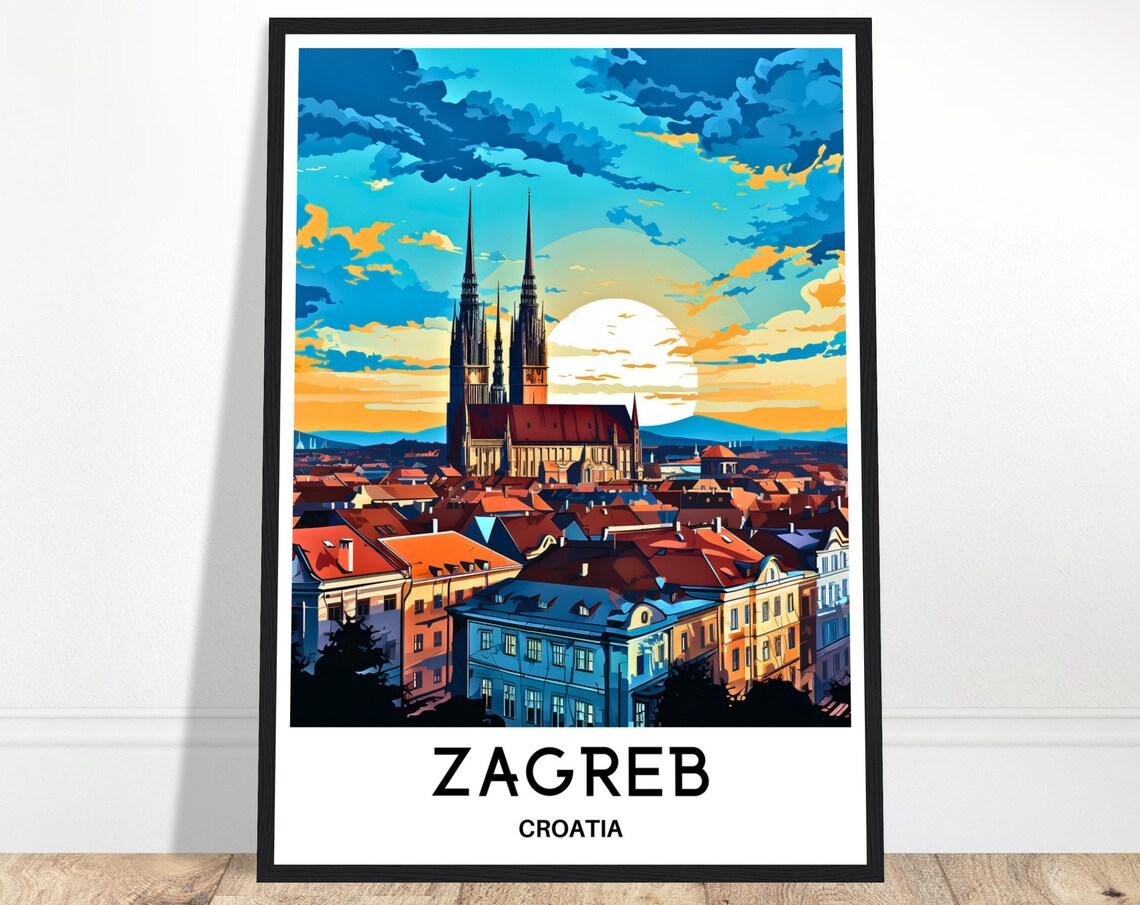 Zagreb Cathedral Sunset Skyline Croatia Illustrated Travel Art Poster