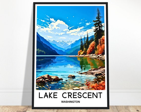 Lake Crescent Travel Print Poster Art Washington Lover Gift Wall Hanging Home Decor Illustration