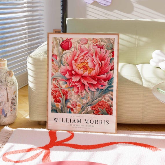 William Morris Poster Pink Orange Flowers Print Vintage Flower Exhibition Botanical Prints Floral Artwork