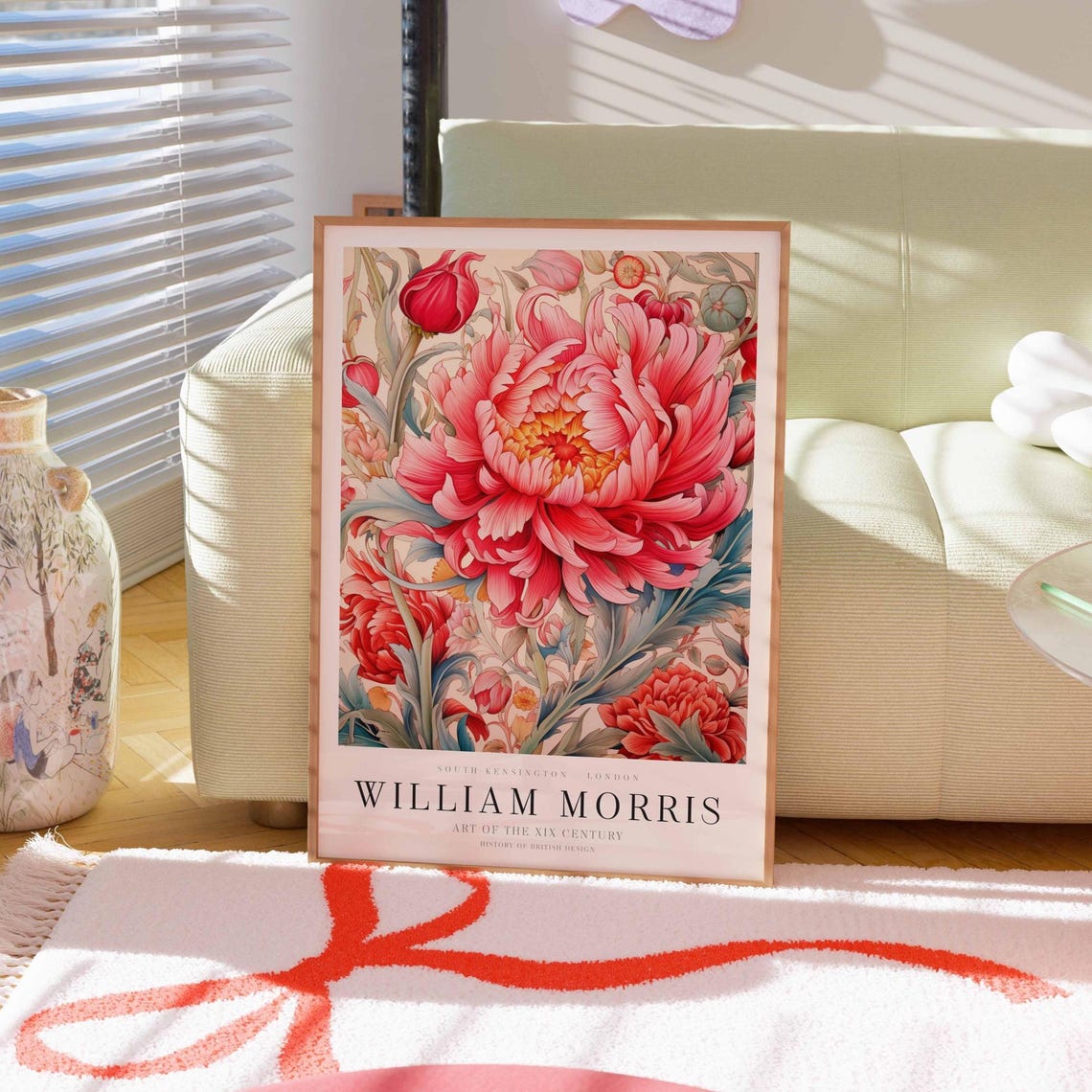William Morris Poster Pink Orange Flowers Print Vintage Flower Exhibition Botanical Prints Floral Artwork