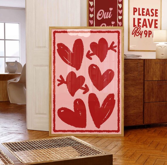 Red Hearts Preppy Poster Abstract Hand Drawn Prints Funky Room Decor Girly College Dorm Posters Cute Wall Art Apartment