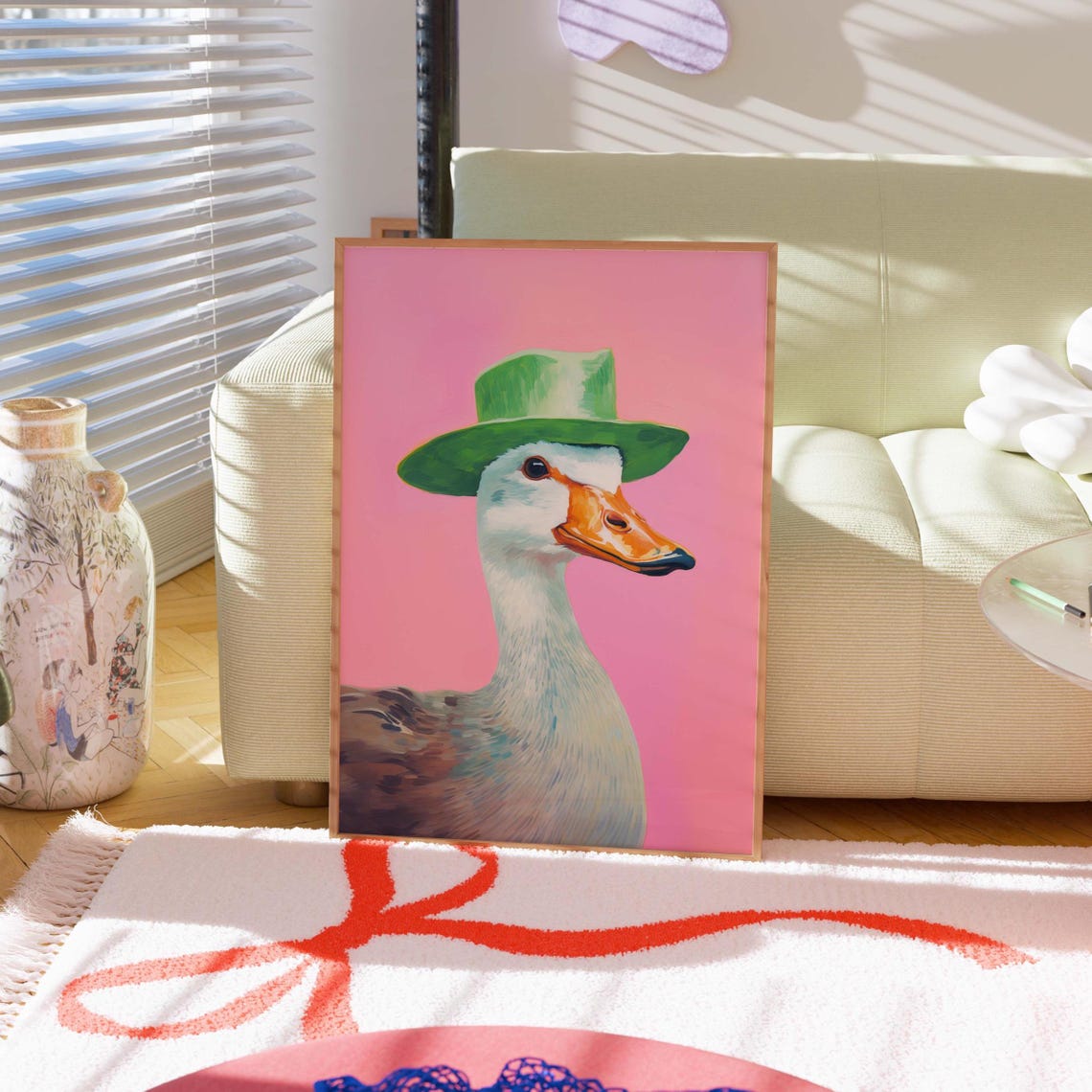 Playful Silly Goose in a Green Hat Retro Pink Animal Wall Art