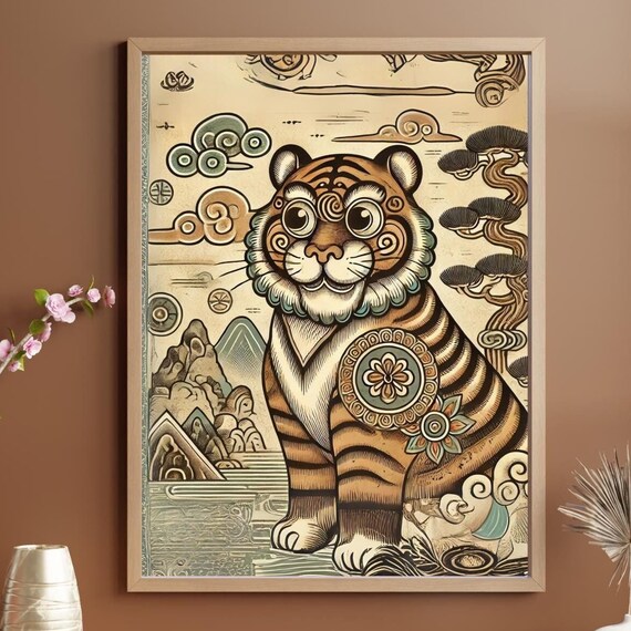 Korean Minhwa Cute Tiger Folk Art Cartoon Nursery Animal Poster