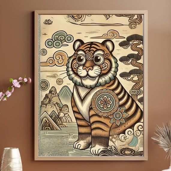Korean Minhwa Tiger Folklore Folk Art Vertical Posters Cute Cartoon Kids Nursery Play Room Decor South Korea Gift