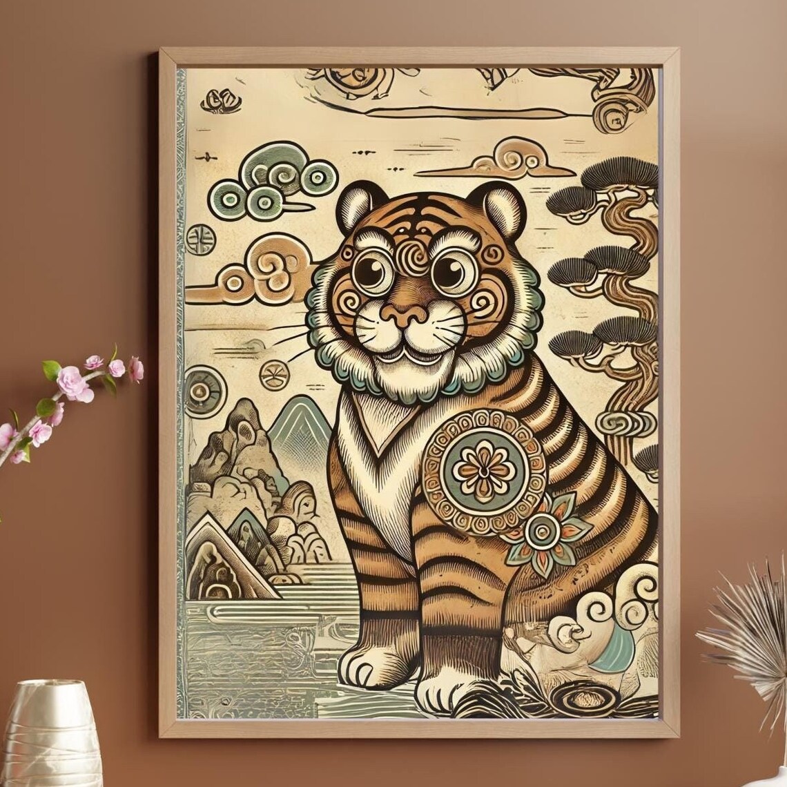 Korean Minhwa Cute Tiger Folk Art Cartoon Nursery Animal Poster