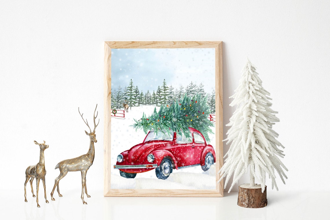 Red VW Beetle Christmas Tree Classic Snowy Pines Watercolor Poster - Image 2