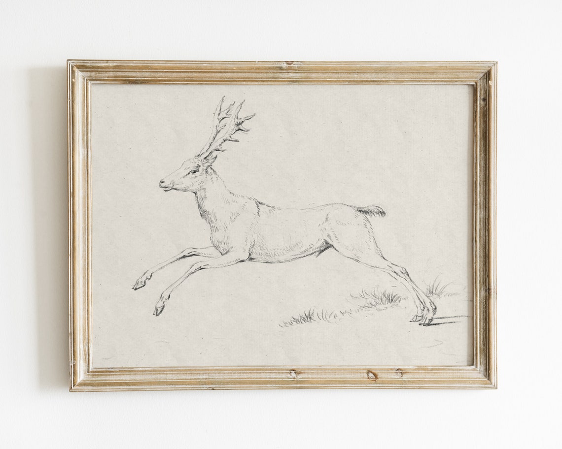 Vintage Reindeer Sketch, Winter Christmas Wall Art Print