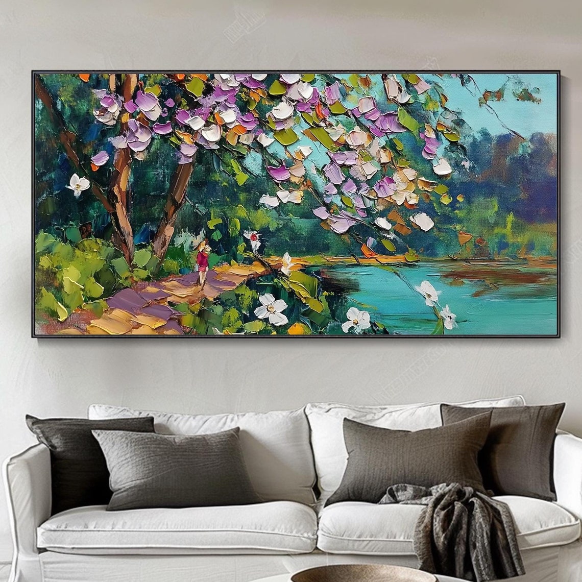 Blossoming Trees Turquoise Pond Spring Landscape Oil Art Poster