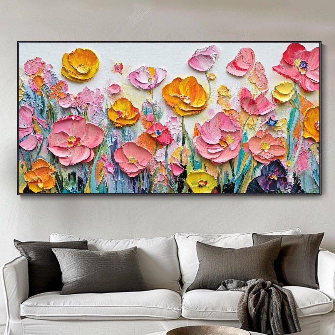 Pink Coral Poppy Flowers Palette Knife White Background Poster